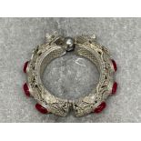 Antique Chinese Dragon bracelet silver metal with red cabochons