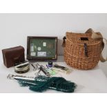 Interesting lot of fishing equipment including decorative display box , wicker hip fishing