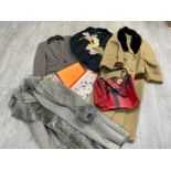 Clothing items including Tailored suit size 14 and Hermes Paris ladies scarf and other jackets