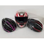 1 motorcycle helmet size XS and 2 cycle helmet size M