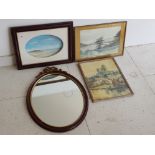 Oval shaped mahogany and gilt framed mirror together with 3 framed paintings