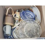 Large box of miscellaneous includes blue and white, glass and pewter etc