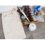 Mixed lot containing a large roll of aprons, knobs and hinges plus unused stake and cable etc