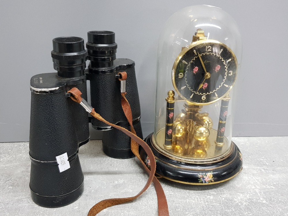 German Kein anniversary clock with glass dome together with vintage Boots 10x50 binoculars