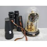 German Kein anniversary clock with glass dome together with vintage Boots 10x50 binoculars