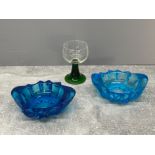 A good pair of ice blue Sklo Union nut dishes together with a green based roemer