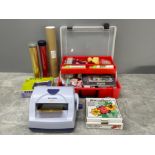 Box of card making equipment including glue guns, xyron laminator 510 and cartridges plus 3 rolls of