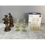 2 brass bronze effect figures and lot of glasses