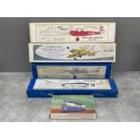 4 model aeroplanes including Hawker hart and spitfire, 1 tower tram model all boxed