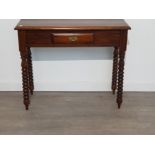 Reproduction mahogany single drawer. Hall table with bobbin patterned legs and brass handle