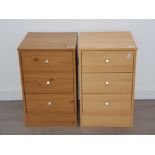 2 reproduction 3 drawer bedside chests in beech and pine effect 39x61cm