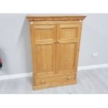 Pine farmhouse style twin door wardrobe fitted with single drawer 145x100x53cm