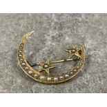 Lovely antique 14ct gold honeymoon moon and stars brooch set with seed pearls 2.5cms 2.6g in