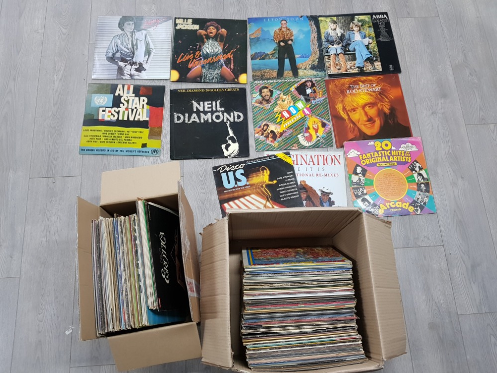 2 boxes of LP records, 60s, 70s and 80s, including Rod Stewart, Elton John, Abba etc