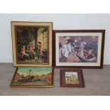 4 framed pictures includes native American watercolour, oil on board etc