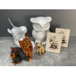 Miscellaneous items including stag bookends, owl and other animals