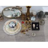 A box lot to include Pewter tankard's, brass vases, a silver plated tea pot mirror and flash light