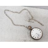 Gents Hallmarked Birmingham silver pocket watch dated 1927 with silver chain and T-bar