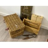 Miscellaneous items including wicker basket, sheep shears and brass hall mirror