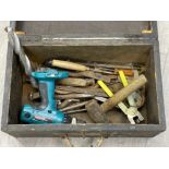Metal toolbox and contents including chisels and drill pieces