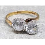 18ct yellow gold ring with 2 large white stones size K, 2.9G gross