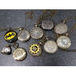 10 metal pocket watches some novelty, Batman, nightmare before Christmas etc, 6 with protective