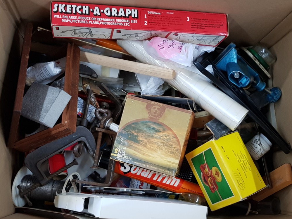 Large box containing miscellaneous modeling tools, clamps etc