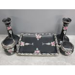Vintage Shelley 5 piece dressing table set, black and white with rose decoration