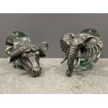 Two African Elephant and Bull glass and pewter napkin rings