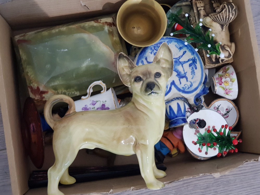 Tray of misc including mini porcelain dog delft flask, onyx cigarette box etc - Image 2 of 2