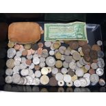 Tray of mixed coinage includes mainly six pences also includes national bank of Ethiopia banknote