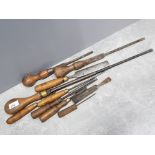 Selection of vintage hand tools mainly screwdrivers, all wih wooden handles