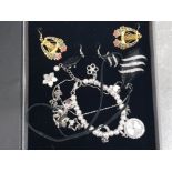 Costume jewellery pendant, 3 pairs of earrings and pearl charm bracelet including a watch charm