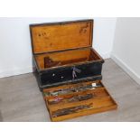 Large Vintage wooden twin handled tool box with original key and contents to include mixed hand