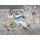 Bag containing mixed costume jewellery includes genuine garnet and blue topaz necklaces