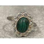 Silver 925 cz and green cabochon stone ring 3.38g size L1/2