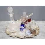 Tray of misc glassware includes crystal glass basket and decanter, ships in bottles etc