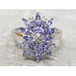 Silver tanzanite and diamond 21x5 cluster ring, 4.08g gross size Q