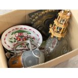 Box of miscellaneous items including radio and meat plates