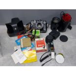 Vintage Zenit EM Helios 44m camera with lens, flash and other accessories