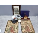 Box of misc including Chinese dragon teapot, mantle clock, tobacco jar, small carved tray etc