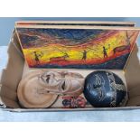 Box of ethnic wall masks original signed cave art signed wall hangings, signature indistinct