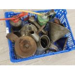 Tray of tinware and enamel ware including oil cans funnels etc
