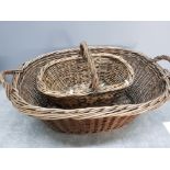 Large wicker twin handled laundry basket and handled basket