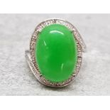 Silver and jade ring with 2 small diamonds, size N 7.87G