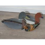 2 handmade collapsing wood duck decoys with painted detail plus small wooden hand carved decoy