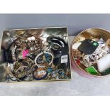 Tin containing vintage costume jewellery plus one other box