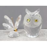 2 Swarovski crystal glass animal ornaments, owl and butterfly