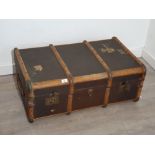 Large vintage wooden bound twin handled trunk with key