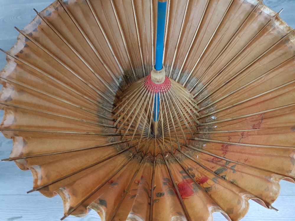 1930s Chinese parasol made from waxed paper and hand painted together with a hand face fan, - Image 3 of 3